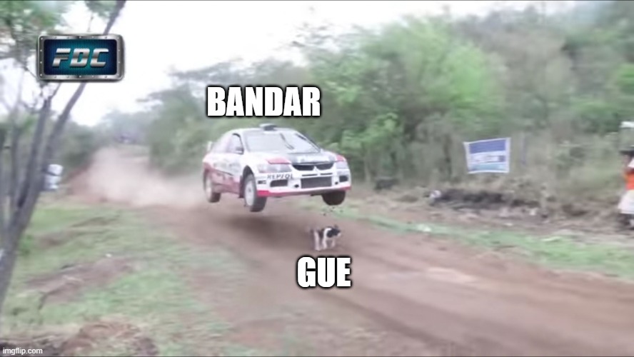 bandar saham | BANDAR; GUE | image tagged in race car fly over dog | made w/ Imgflip meme maker
