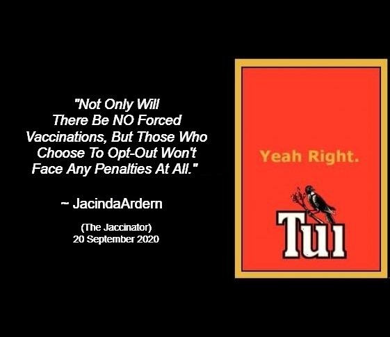 Tui | "Not Only Will There Be NO Forced Vaccinations, But Those Who Choose To Opt-Out Won't Face Any Penalties At All."; ~ JacindaArdern; (The Jaccinator)

20 September 2020 | image tagged in tui | made w/ Imgflip meme maker