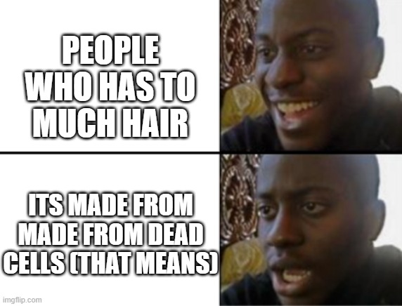 hairs |  PEOPLE WHO HAS TO MUCH HAIR; ITS MADE FROM MADE FROM DEAD CELLS (THAT MEANS) | image tagged in oh yeah oh no,funny | made w/ Imgflip meme maker
