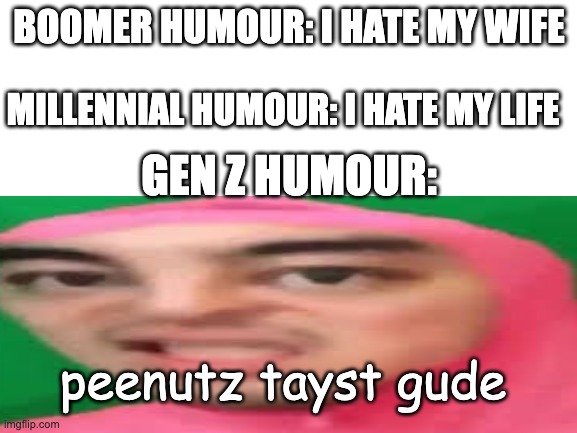BOOMER HUMOUR: I HATE MY WIFE; MILLENNIAL HUMOUR: I HATE MY LIFE; GEN Z HUMOUR:; peenutz tayst gude | image tagged in gen z humor,millennials,boomer humor millennial humor gen-z humor | made w/ Imgflip meme maker