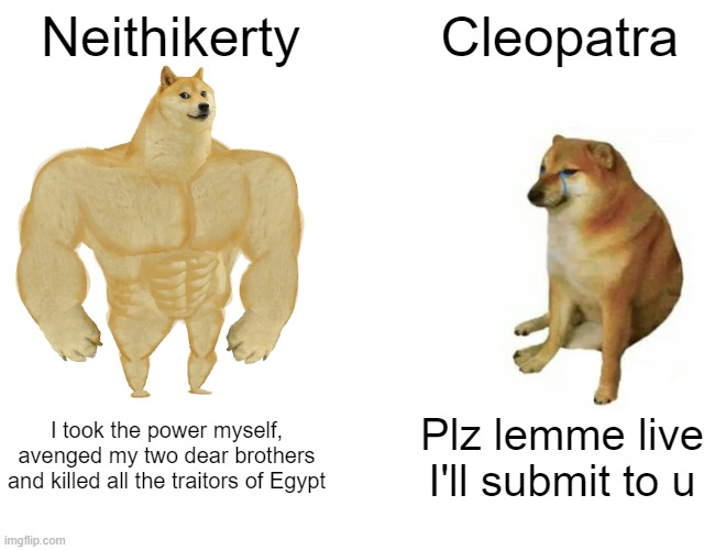 First queen of Egypt vs last queen of Egypt |  Neithikerty; Cleopatra; I took the power myself, avenged my two dear brothers and killed all the traitors of Egypt; Plz lemme live I'll submit to u | image tagged in memes,buff doge vs cheems,egypt,pharaoh | made w/ Imgflip meme maker