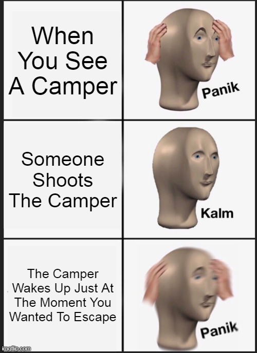 Panik Kalm Panik | When You See A Camper; Someone Shoots The Camper; The Camper Wakes Up Just At The Moment You Wanted To Escape | image tagged in memes,panik kalm panik | made w/ Imgflip meme maker