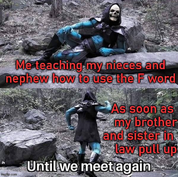 Me teaching my nieces and nephew how to use the F word; As soon as 
my brother and sister in 
law pull up | image tagged in skeletor | made w/ Imgflip meme maker