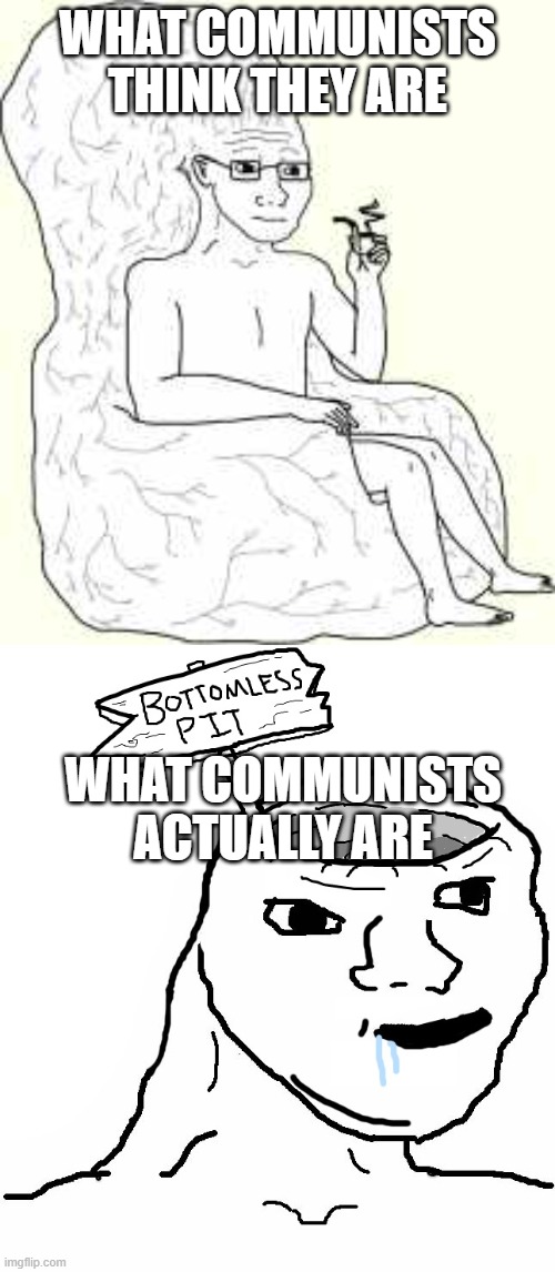 WHAT COMMUNISTS THINK THEY ARE; WHAT COMMUNISTS ACTUALLY ARE | image tagged in big brain wojak,brainlet wojak dumb | made w/ Imgflip meme maker