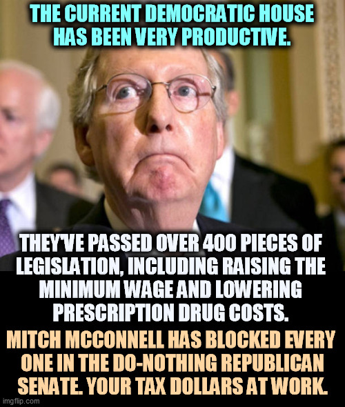 Republican do-nothing millionaire Senators do nothing but collect a salary from your tax dollars. | THE CURRENT DEMOCRATIC HOUSE 
HAS BEEN VERY PRODUCTIVE. THEY'VE PASSED OVER 400 PIECES OF 
LEGISLATION, INCLUDING RAISING THE 
MINIMUM WAGE AND LOWERING 
PRESCRIPTION DRUG COSTS. MITCH MCCONNELL HAS BLOCKED EVERY 
ONE IN THE DO-NOTHING REPUBLICAN SENATE. YOUR TAX DOLLARS AT WORK. | image tagged in mitch mcconnell,blocked,everything,good | made w/ Imgflip meme maker