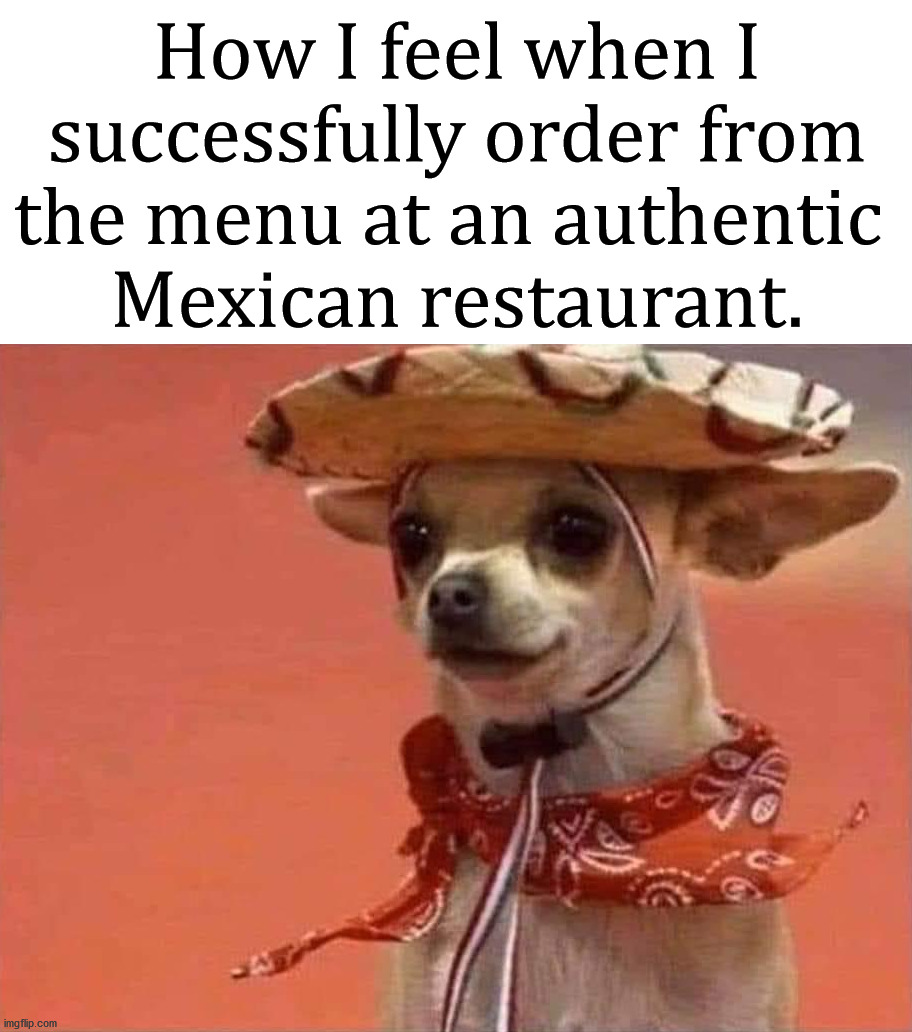 What Taco Bell? | How I feel when I successfully order from the menu at an authentic 
Mexican restaurant. | image tagged in mexican,order,mexican food | made w/ Imgflip meme maker