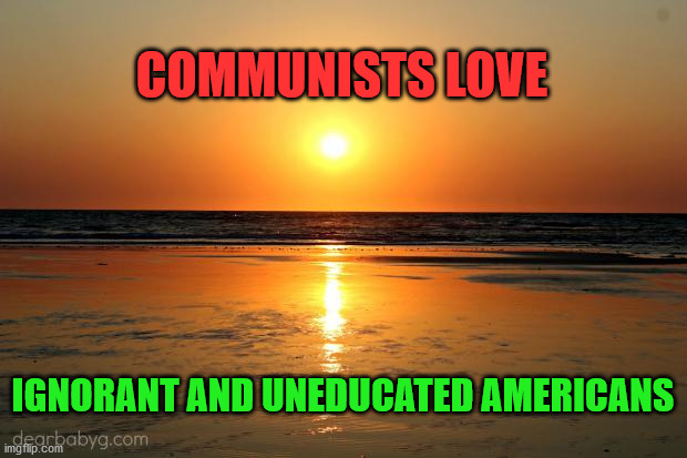 beach sunset | COMMUNISTS LOVE; IGNORANT AND UNEDUCATED AMERICANS | image tagged in beach sunset | made w/ Imgflip meme maker