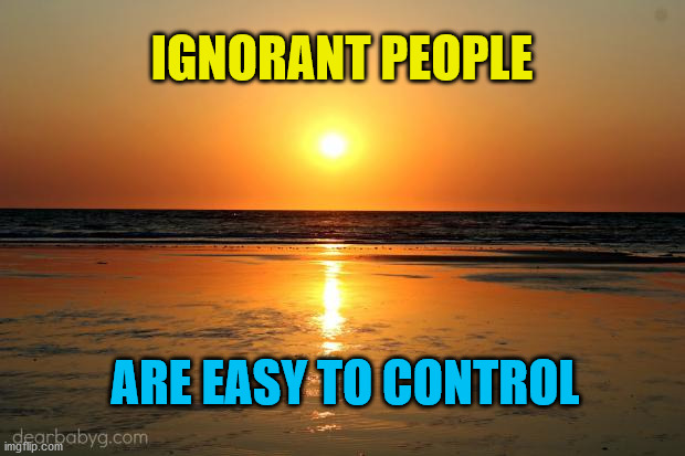 beach sunset |  IGNORANT PEOPLE; ARE EASY TO CONTROL | image tagged in beach sunset | made w/ Imgflip meme maker