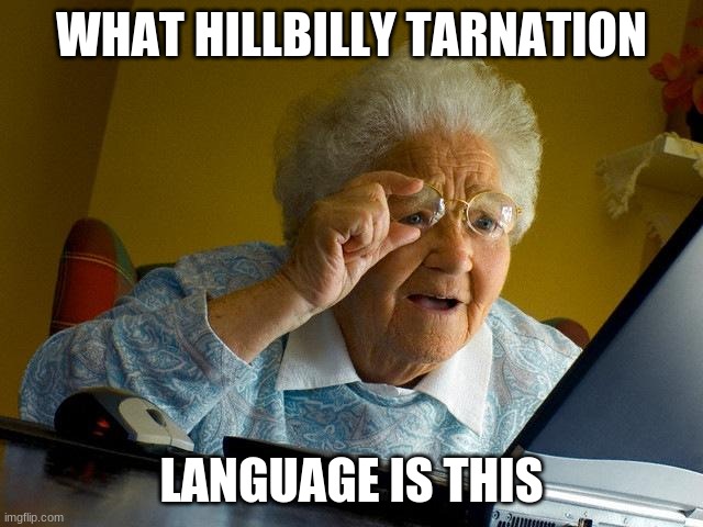 Grandma Finds The Internet Meme | WHAT HILLBILLY TARNATION LANGUAGE IS THIS | image tagged in memes,grandma finds the internet | made w/ Imgflip meme maker