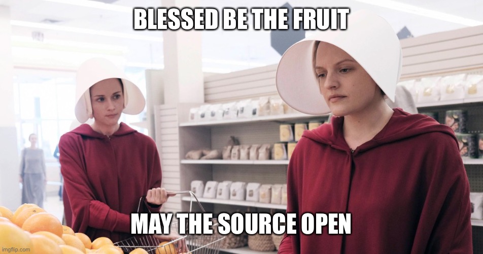 The Handmaid's Tale | BLESSED BE THE FRUIT; MAY THE SOURCE OPEN | image tagged in the handmaid's tale | made w/ Imgflip meme maker