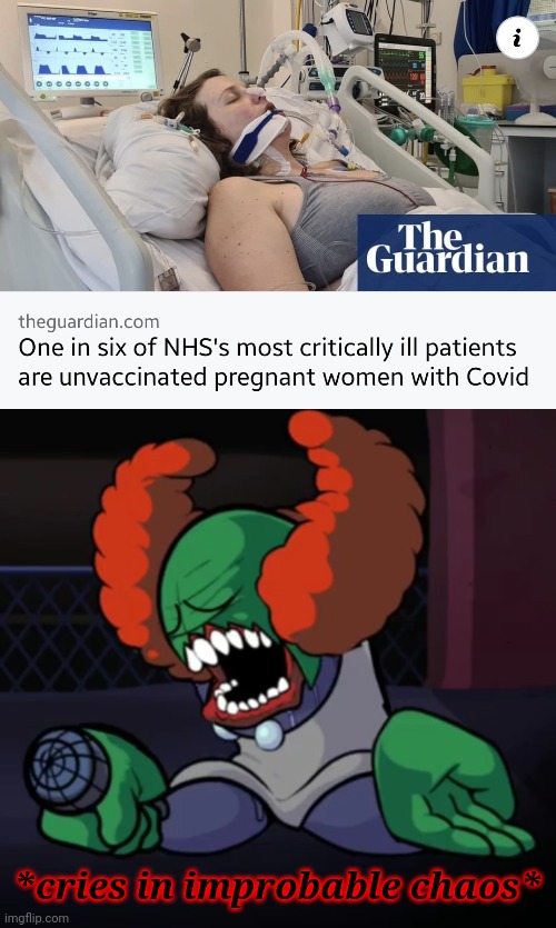 COVID strikes back in England despite more vaccinating people | *cries in improbable chaos* | image tagged in depressed tricky,coronavirus,covid-19,england,pregnant,memes | made w/ Imgflip meme maker