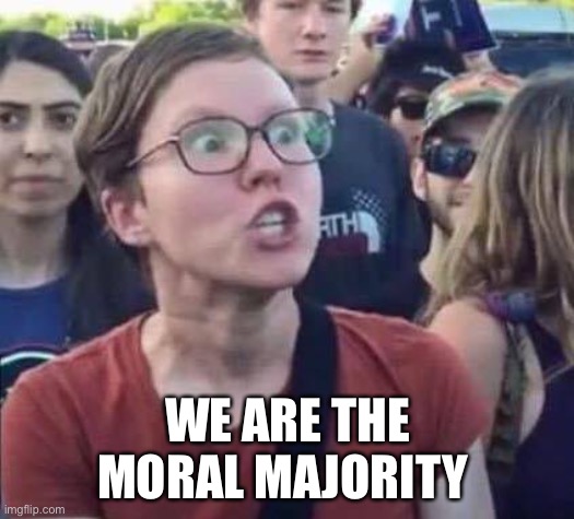 Angry Liberal | WE ARE THE
MORAL MAJORITY | image tagged in angry liberal | made w/ Imgflip meme maker