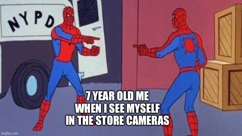 I wonder how the people watching them feel.. | 7 YEAR OLD ME WHEN I SEE MYSELF IN THE STORE CAMERAS | image tagged in spiderman pointing at spiderman | made w/ Imgflip meme maker