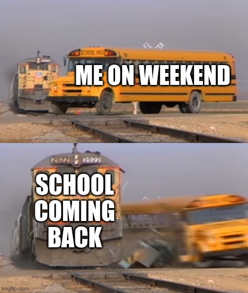 I hate it | ME ON WEEKEND; SCHOOL COMING BACK | image tagged in a train hitting a school bus | made w/ Imgflip meme maker