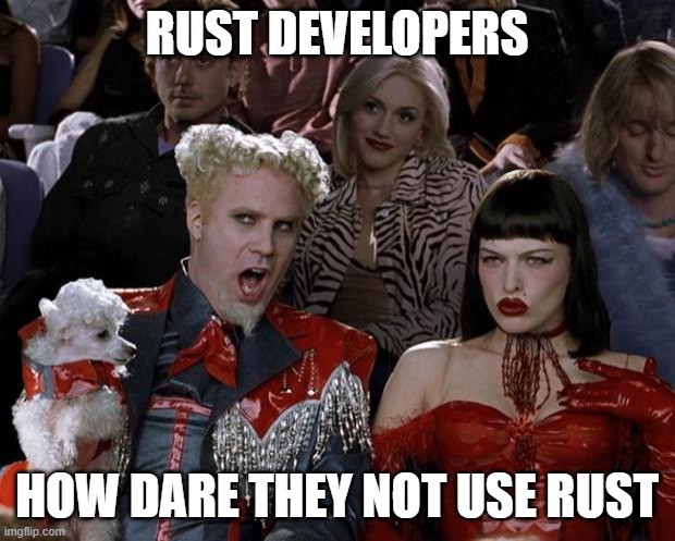 Can you believe the audacity? | RUST DEVELOPERS; HOW DARE THEY NOT USE RUST | image tagged in memes,rust,coding,programmers,programming,developer | made w/ Imgflip meme maker