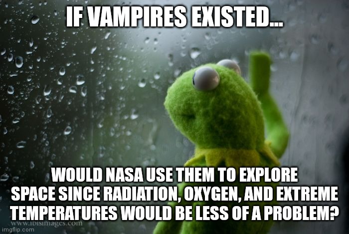 Are vampires the perfect astronauts? | IF VAMPIRES EXISTED... WOULD NASA USE THEM TO EXPLORE SPACE SINCE RADIATION, OXYGEN, AND EXTREME TEMPERATURES WOULD BE LESS OF A PROBLEM? | image tagged in kermit window,astronaut,vampire | made w/ Imgflip meme maker