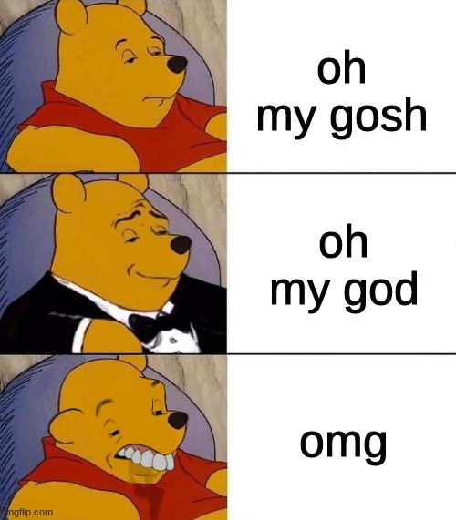 omg | oh my gosh; oh my god; omg | image tagged in best better blurst,omg,funny,memes,winnie the pooh,oh wow are you actually reading these tags | made w/ Imgflip meme maker