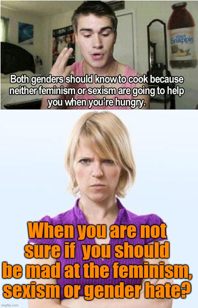 When you are not sure if  you should be mad at the feminism, sexism or gender hate? | image tagged in angry woman,politics | made w/ Imgflip meme maker