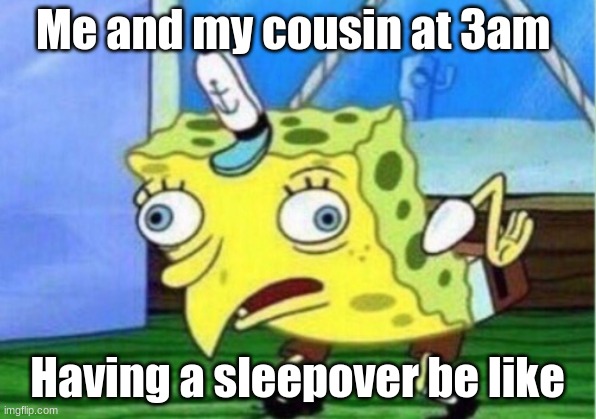 Mocking Spongebob | Me and my cousin at 3am; Having a sleepover be like | image tagged in memes,mocking spongebob,reeeeeeeeeeeeeeeeeeeeee,funny memes,funny | made w/ Imgflip meme maker