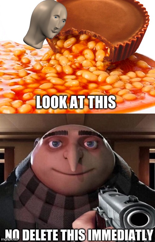 god no | LOOK AT THIS; NO DELETE THIS IMMEDIATLY | image tagged in beans,gru gun,memes | made w/ Imgflip meme maker