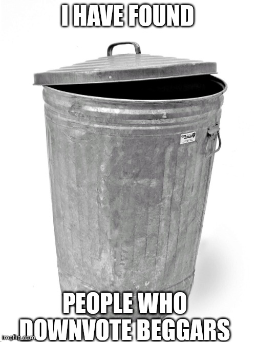 Trash Can | I HAVE FOUND; PEOPLE WHO DOWNVOTE BEGGARS | image tagged in trash can | made w/ Imgflip meme maker