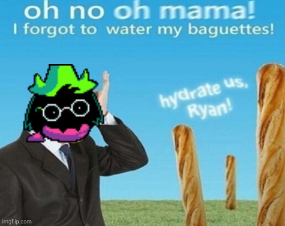 Ralsei forgot to water his baguettes | image tagged in hydrate us ryan 1 | made w/ Imgflip meme maker