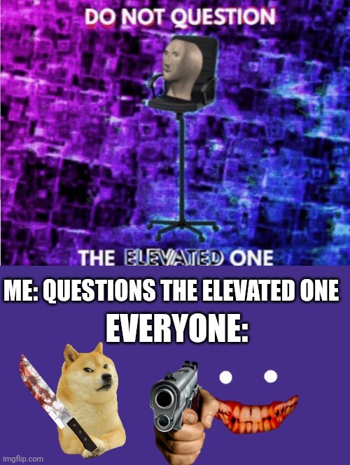 Seriously, don't. | ME: QUESTIONS THE ELEVATED ONE; EVERYONE: | image tagged in do not question the elevated one | made w/ Imgflip meme maker