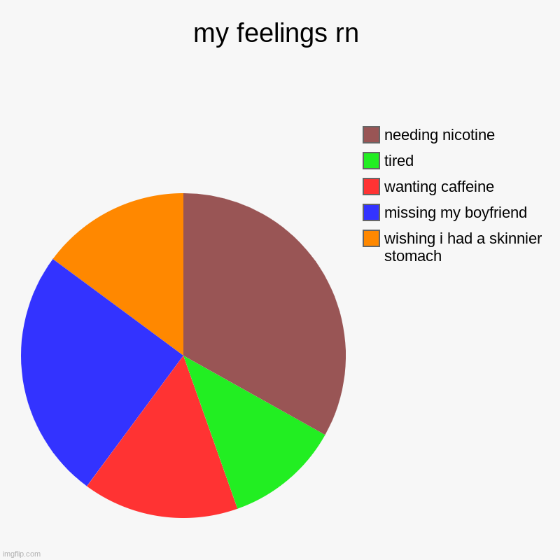 my feelings rn | wishing i had a skinnier stomach, missing my boyfriend, wanting caffeine, tired, needing nicotine | image tagged in charts,pie charts | made w/ Imgflip chart maker
