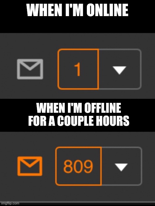 Pretty relatable to some people I myself XD | WHEN I'M ONLINE; WHEN I'M OFFLINE FOR A COUPLE HOURS | image tagged in 1 notification vs 809 notifications with message | made w/ Imgflip meme maker