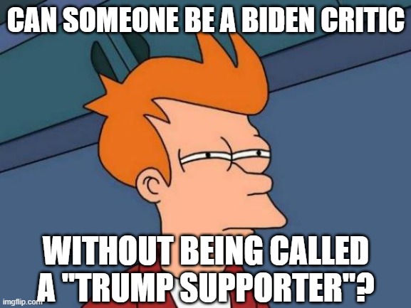 Futurama Fry | CAN SOMEONE BE A BIDEN CRITIC; WITHOUT BEING CALLED A "TRUMP SUPPORTER"? | image tagged in memes,futurama fry | made w/ Imgflip meme maker