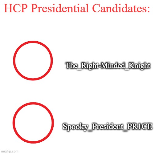Blank Transparent Square Meme | HCP Presidential Candidates:; The_Right-Minded_Knight; Spooky_President_PR1CE | image tagged in memes,blank transparent square | made w/ Imgflip meme maker