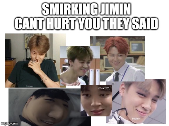 They said smirking jimin cant hurt you... |  SMIRKING JIMIN CANT HURT YOU THEY SAID | image tagged in blank white template,jimin,kpop,bts,smirk,funny | made w/ Imgflip meme maker