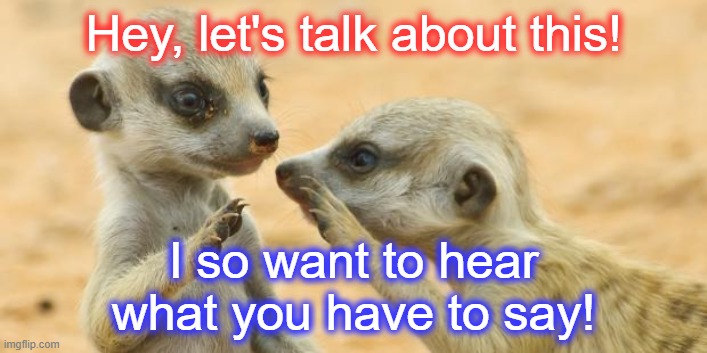 gossip meerkats | Hey, let's talk about this! I so want to hear what you have to say! | image tagged in gossip meerkats | made w/ Imgflip meme maker