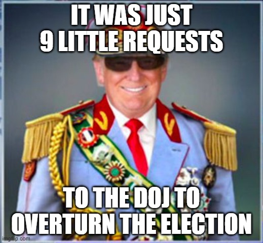 Donald Trump | IT WAS JUST 9 LITTLE REQUESTS; TO THE DOJ TO OVERTURN THE ELECTION | image tagged in donald trump | made w/ Imgflip meme maker
