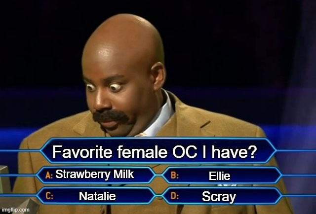 Who wants to be a millionaire? | Favorite female OC I have? Strawberry Milk; Ellie; Scray; Natalie | image tagged in who wants to be a millionaire | made w/ Imgflip meme maker