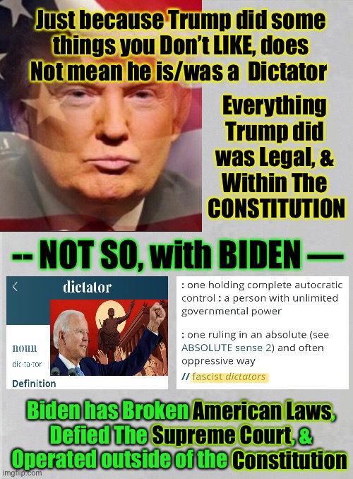 A true DESPOT, if not a DICTATOR - in fact | Just because Trump did some things you Don’t LIKE, does Not mean he is/was a  Dictator; Everything 
Trump did 
was Legal, & 
Within The 
CONSTITUTION; -- NOT SO, with BIDEN —; Biden has Broken American Laws,
Defied The Supreme Court, &
Operated outside of the Constitution; American Laws; Supreme Court; Constitution | image tagged in memes,trump,biden,republicans,democrats,trumps actions | made w/ Imgflip meme maker