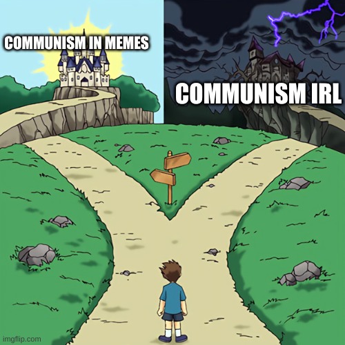 two castles | COMMUNISM IN MEMES; COMMUNISM IRL | image tagged in two castles | made w/ Imgflip meme maker