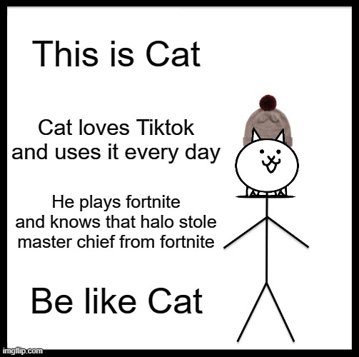 TikTok is the greatest social media in the world and fortnite invented videogames | This is Cat; Cat loves Tiktok and uses it every day; He plays fortnite and knows that halo stole master chief from fortnite; Be like Cat | image tagged in memes,be like bill,fortnite,tiktok,cats,tiktok rocks | made w/ Imgflip meme maker