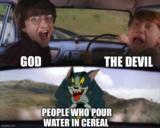 Tom chasing Harry and Ron Weasly | THE DEVIL; GOD; PEOPLE WHO POUR WATER IN CEREAL | image tagged in tom chasing harry and ron weasly,cereal,god | made w/ Imgflip meme maker