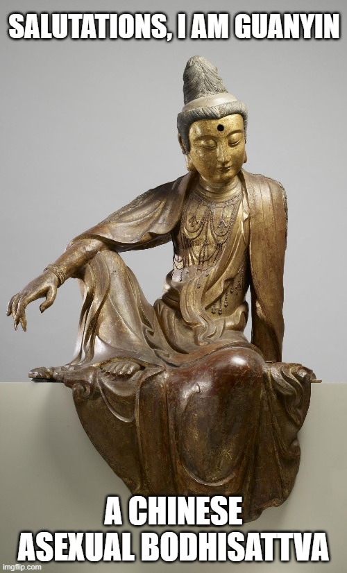 Bodhisattva = Someone who's on the path of Buddhahood (Kinda like Demigod) | SALUTATIONS, I AM GUANYIN; A CHINESE ASEXUAL BODHISATTVA | image tagged in lgbtq,ace,asexual,deities,bodhisattva | made w/ Imgflip meme maker