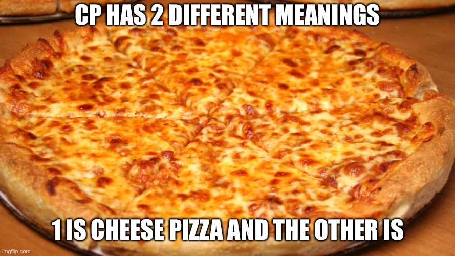 round cheese pizza | CP HAS 2 DIFFERENT MEANINGS; 1 IS CHEESE PIZZA AND THE OTHER IS | image tagged in round cheese pizza | made w/ Imgflip meme maker