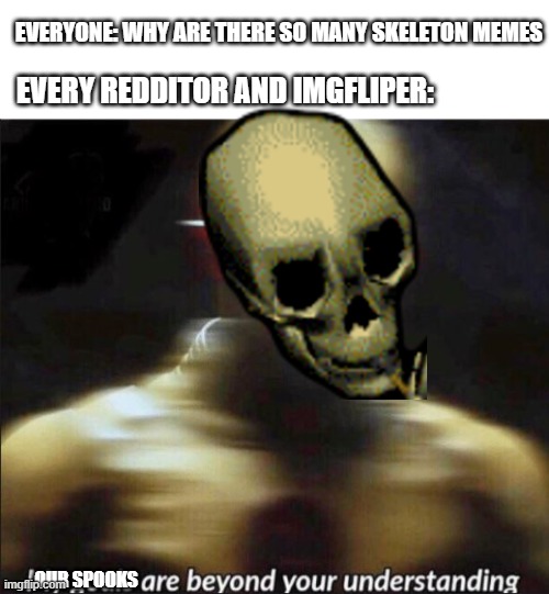 Let the spooktober memes live on because squid game is overthrowing the spooktober memes | EVERYONE: WHY ARE THERE SO MANY SKELETON MEMES; EVERY REDDITOR AND IMGFLIPER:; OUR SPOOKS | image tagged in my goals are beyond your understanding | made w/ Imgflip meme maker