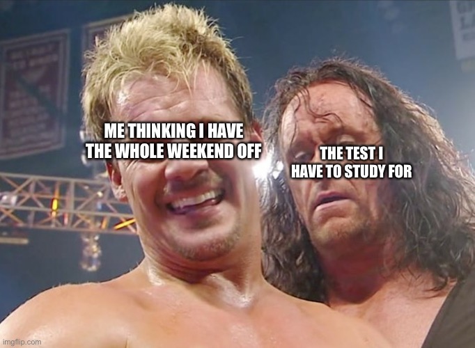 My 2020 Plans | ME THINKING I HAVE THE WHOLE WEEKEND OFF; THE TEST I HAVE TO STUDY FOR | image tagged in my 2020 plans | made w/ Imgflip meme maker