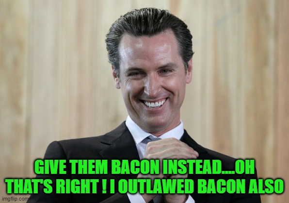 Scheming Gavin Newsom  | GIVE THEM BACON INSTEAD....OH THAT'S RIGHT ! I OUTLAWED BACON ALSO | image tagged in scheming gavin newsom | made w/ Imgflip meme maker