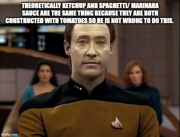 THEORETICALLY KETCHUP AND SPAGHETTI/ MARINARA SAUCE ARE THE SAME THING BECAUSE THEY ARE BOTH CONSTRUCTED WITH TOMATOES SO HE IS NOT WRONG TO | image tagged in star trek data | made w/ Imgflip meme maker