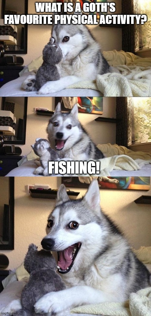 Bad Joke Dog | WHAT IS A GOTH'S FAVOURITE PHYSICAL ACTIVITY? FISHING! | image tagged in bad joke dog | made w/ Imgflip meme maker