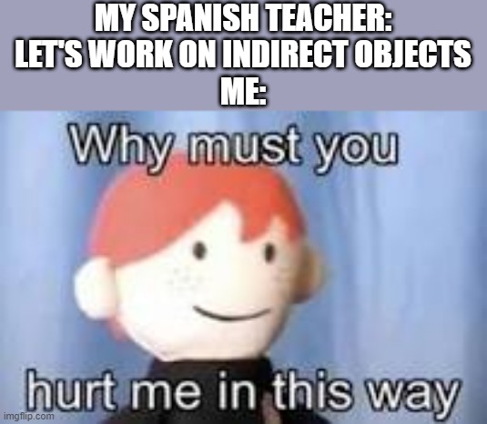 Why must you hurt me in this way | MY SPANISH TEACHER: LET'S WORK ON INDIRECT OBJECTS
ME: | image tagged in why must you hurt me in this way | made w/ Imgflip meme maker