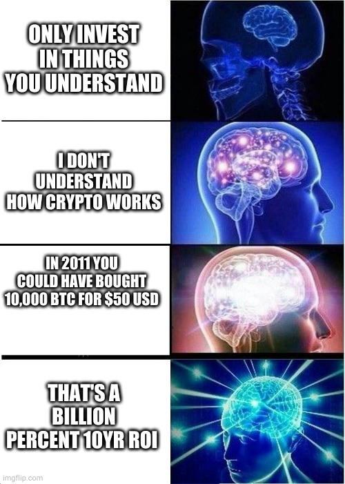 My kingdom for a time machine...or maybe just a wormhole to shout through. | ONLY INVEST IN THINGS YOU UNDERSTAND; I DON'T UNDERSTAND HOW CRYPTO WORKS; IN 2011 YOU COULD HAVE BOUGHT 10,000 BTC FOR $50 USD; THAT'S A BILLION PERCENT 10YR ROI | image tagged in memes,expanding brain | made w/ Imgflip meme maker