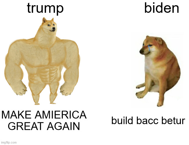 Buff Doge vs. Cheems Meme | trump biden MAKE AMIERICA GREAT AGAIN build bacc betur | image tagged in memes,buff doge vs cheems | made w/ Imgflip meme maker