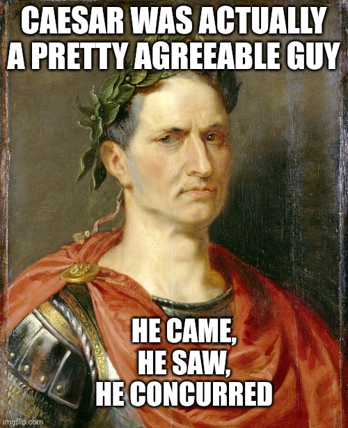 What a guy | CAESAR WAS ACTUALLY A PRETTY AGREEABLE GUY; HE CAME, HE SAW, HE CONCURRED | image tagged in funny memes,lol so funny,haha | made w/ Imgflip meme maker